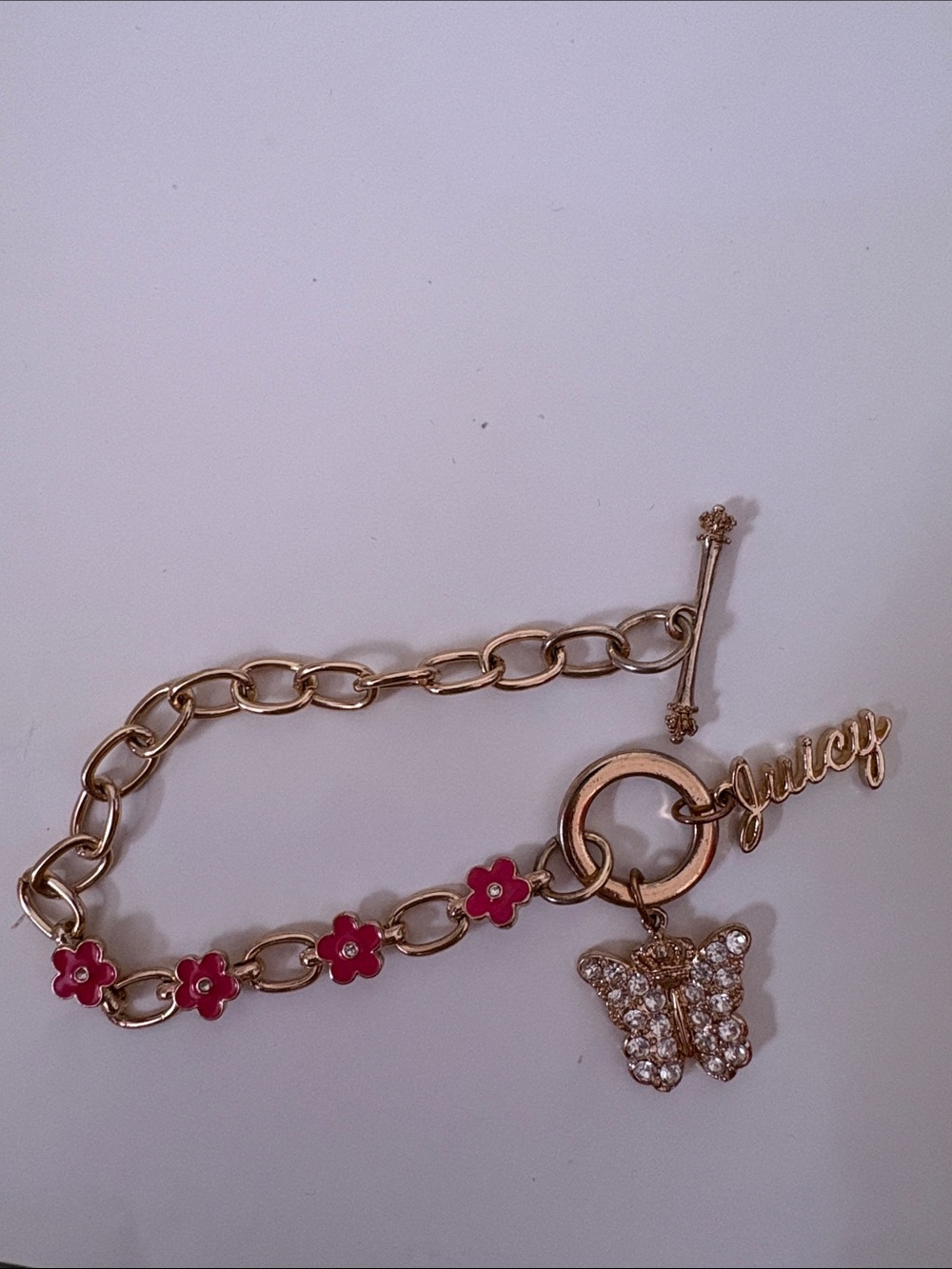 Juicy Couture Pink Flower & Crystal Butterfly Gold-Tone Bracelet